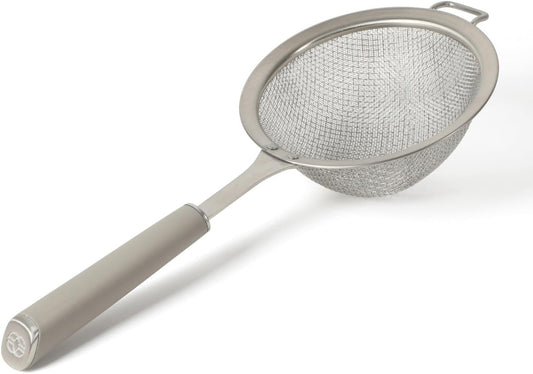 Edge Stainless Steel Mesh Strainer with Thermoplastic Rubber Handle, Fine Kitchen Sieve for Draining, Rinsing, Sifting & Food Prep Tasks, Taupe