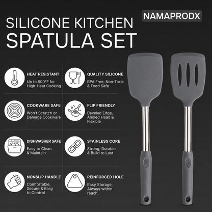 Silicone Spatula Set (2-Pc) - 600°F Heat Resistant, BPA Free, Non-Scratch, Dishwasher Safe I Slotted & Solid Kitchen Spatula Turners I Ideal for Eggs, Pancakes, Fish I Stainless Steel I Gray