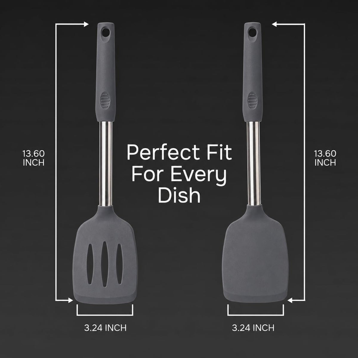 Silicone Spatula Set (2-Pc) - 600°F Heat Resistant, BPA Free, Non-Scratch, Dishwasher Safe I Slotted & Solid Kitchen Spatula Turners I Ideal for Eggs, Pancakes, Fish I Stainless Steel I Gray