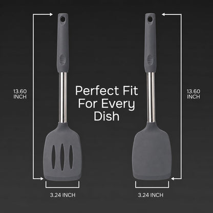 Silicone Spatula Set (2-Pc) - 600°F Heat Resistant, BPA Free, Non-Scratch, Dishwasher Safe I Slotted & Solid Kitchen Spatula Turners I Ideal for Eggs, Pancakes, Fish I Stainless Steel I Gray
