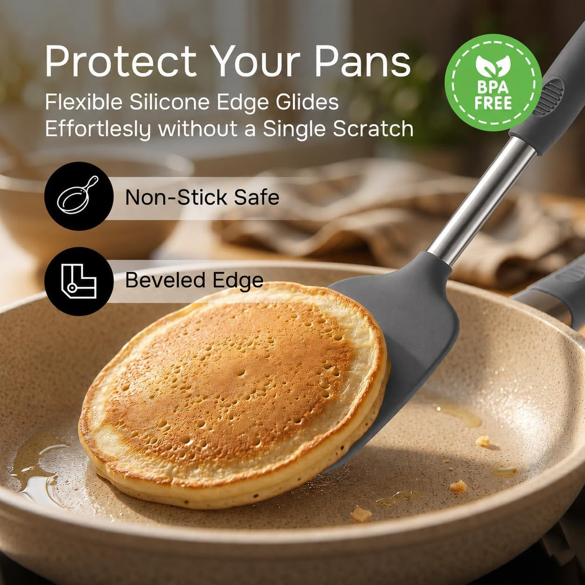 Silicone Spatula Set (2-Pc) - 600°F Heat Resistant, BPA Free, Non-Scratch, Dishwasher Safe I Slotted & Solid Kitchen Spatula Turners I Ideal for Eggs, Pancakes, Fish I Stainless Steel I Gray