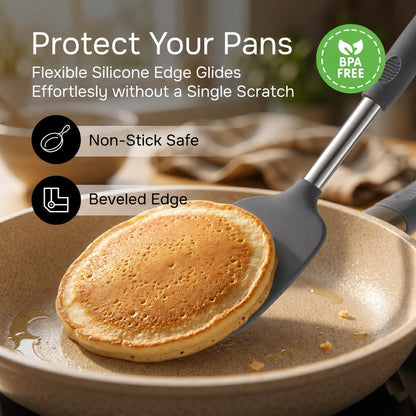 Silicone Spatula Set (2-Pc) - 600°F Heat Resistant, BPA Free, Non-Scratch, Dishwasher Safe I Slotted & Solid Kitchen Spatula Turners I Ideal for Eggs, Pancakes, Fish I Stainless Steel I Gray
