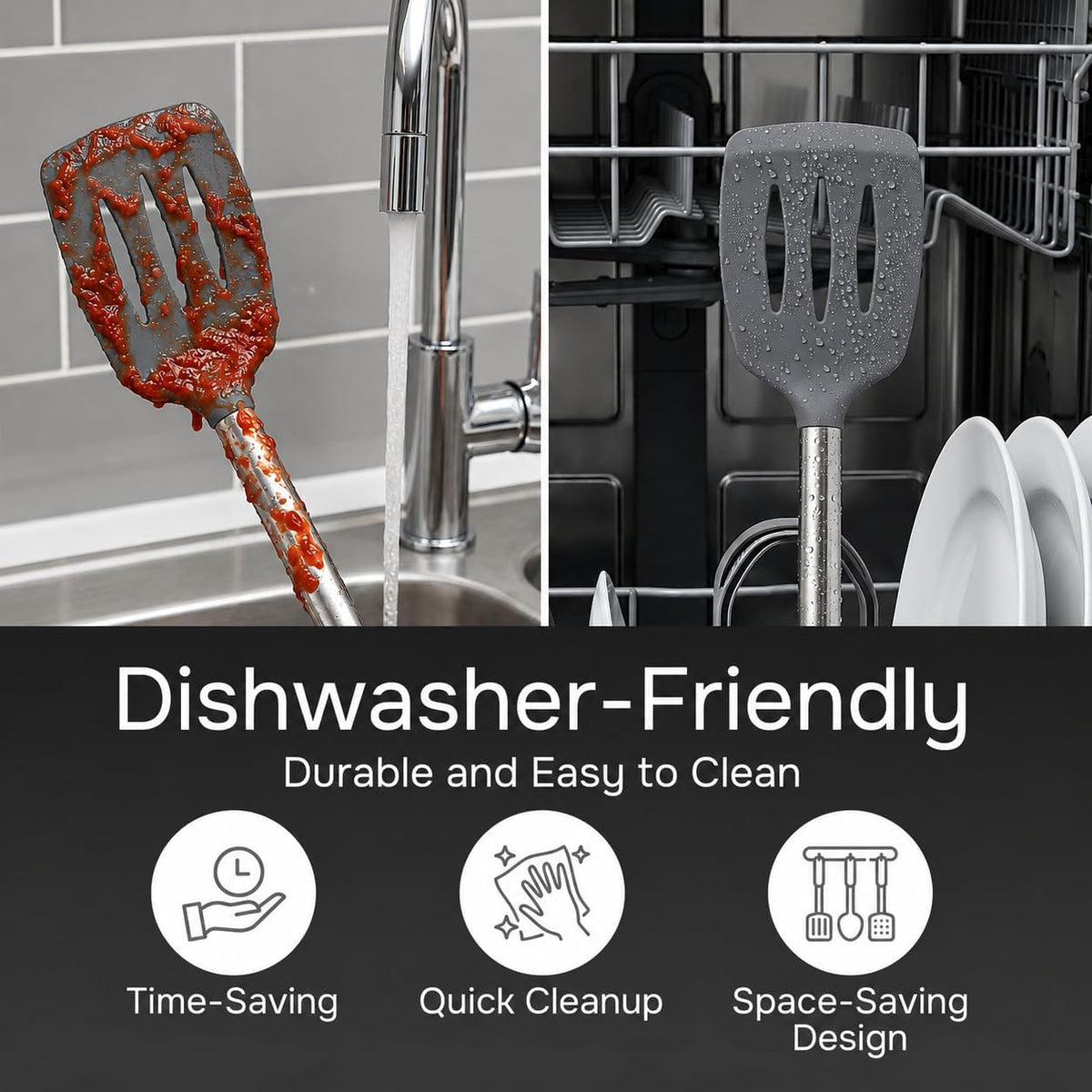 Silicone Spatula Set (2-Pc) - 600°F Heat Resistant, BPA Free, Non-Scratch, Dishwasher Safe I Slotted & Solid Kitchen Spatula Turners I Ideal for Eggs, Pancakes, Fish I Stainless Steel I Gray