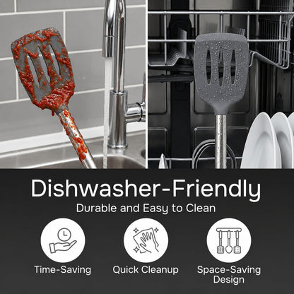 Silicone Spatula Set (2-Pc) - 600°F Heat Resistant, BPA Free, Non-Scratch, Dishwasher Safe I Slotted & Solid Kitchen Spatula Turners I Ideal for Eggs, Pancakes, Fish I Stainless Steel I Gray
