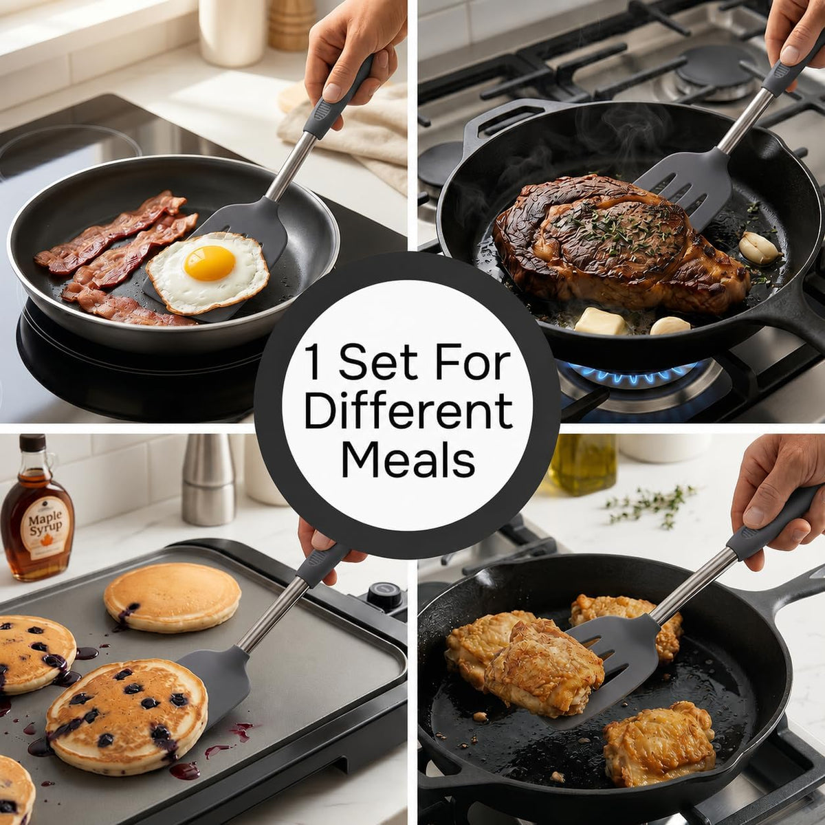 Silicone Spatula Set (2-Pc) - 600°F Heat Resistant, BPA Free, Non-Scratch, Dishwasher Safe I Slotted & Solid Kitchen Spatula Turners I Ideal for Eggs, Pancakes, Fish I Stainless Steel I Gray
