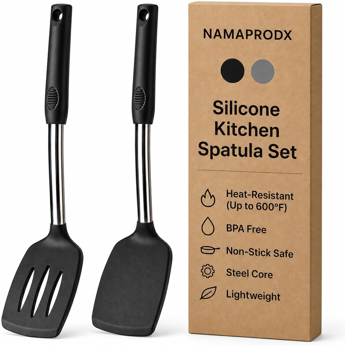Silicone Spatula Set (2-Pc) - 600°F Heat Resistant, BPA Free, Non-Scratch, Dishwasher Safe I Slotted & Solid Kitchen Spatula Turners I Ideal for Eggs, Pancakes, Fish I Stainless Steel I Gray