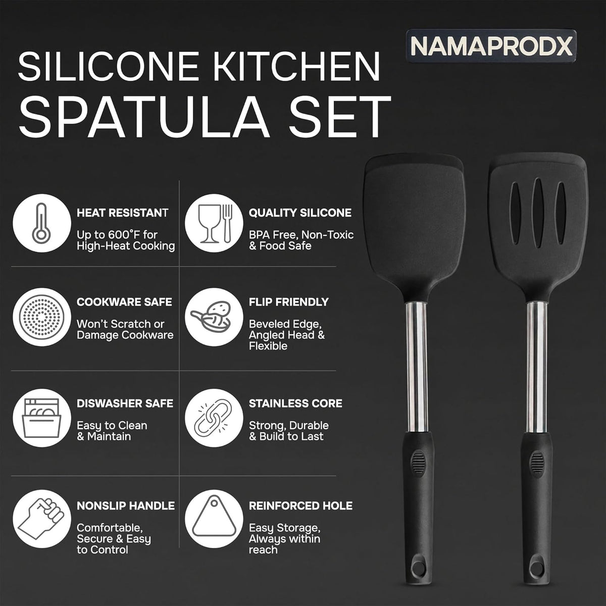Silicone Spatula Set (2-Pc) - 600°F Heat Resistant, BPA Free, Non-Scratch, Dishwasher Safe I Slotted & Solid Kitchen Spatula Turners I Ideal for Eggs, Pancakes, Fish I Stainless Steel I Gray