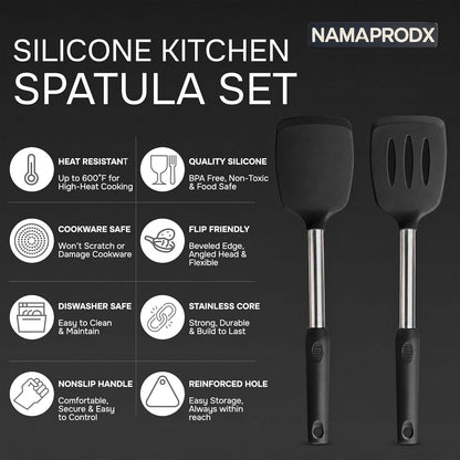 Silicone Spatula Set (2-Pc) - 600°F Heat Resistant, BPA Free, Non-Scratch, Dishwasher Safe I Slotted & Solid Kitchen Spatula Turners I Ideal for Eggs, Pancakes, Fish I Stainless Steel I Gray