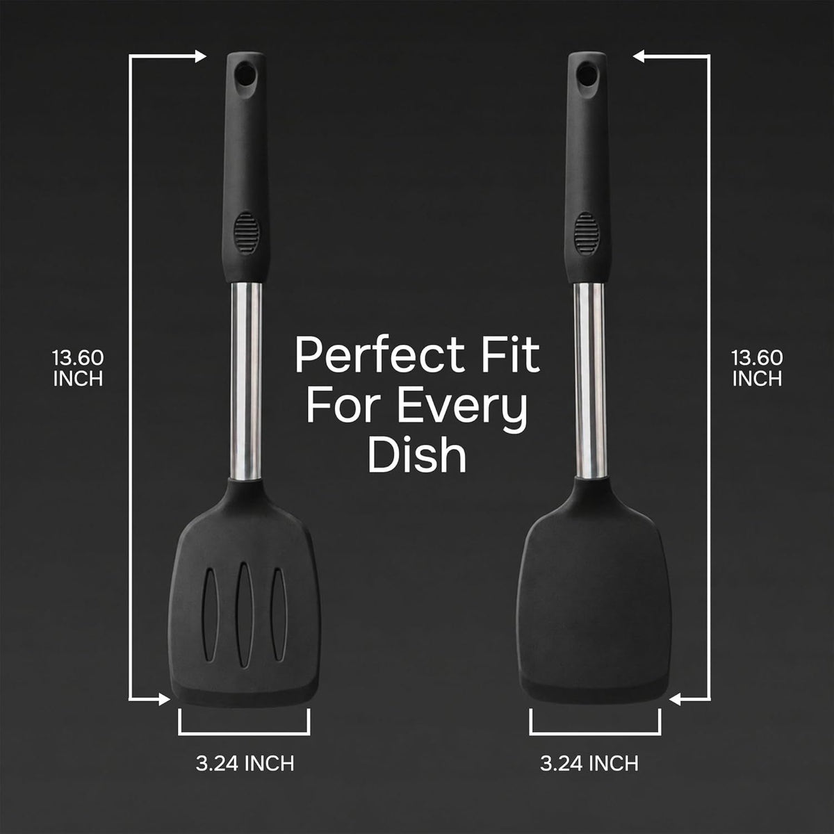 Silicone Spatula Set (2-Pc) - 600°F Heat Resistant, BPA Free, Non-Scratch, Dishwasher Safe I Slotted & Solid Kitchen Spatula Turners I Ideal for Eggs, Pancakes, Fish I Stainless Steel I Gray