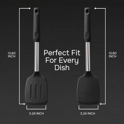 Silicone Spatula Set (2-Pc) - 600°F Heat Resistant, BPA Free, Non-Scratch, Dishwasher Safe I Slotted & Solid Kitchen Spatula Turners I Ideal for Eggs, Pancakes, Fish I Stainless Steel I Gray