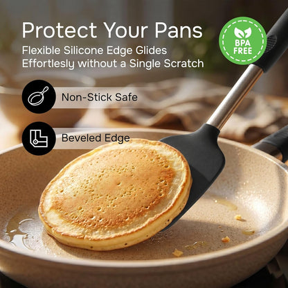 Silicone Spatula Set (2-Pc) - 600°F Heat Resistant, BPA Free, Non-Scratch, Dishwasher Safe I Slotted & Solid Kitchen Spatula Turners I Ideal for Eggs, Pancakes, Fish I Stainless Steel I Gray
