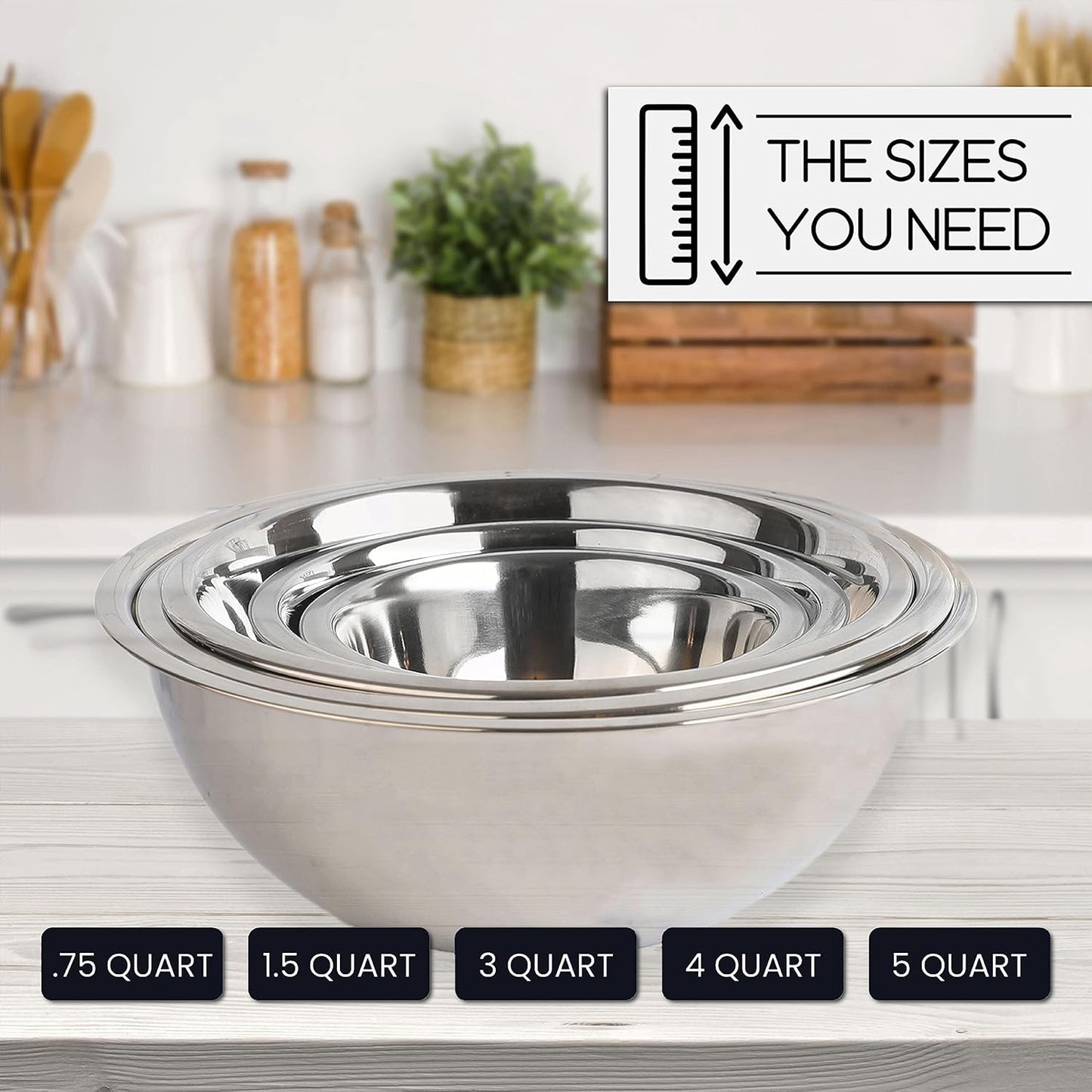 Stainless Steel Mixing Bowls Set, 5-Piece Meal Prep & Food Storage | .75, 1.5, 3, 4 & 5 Quart Metal Mixing Bowls Set for Prep, Serving, Baking & Food Storage, Ecofriendly, Dishwasher Safe