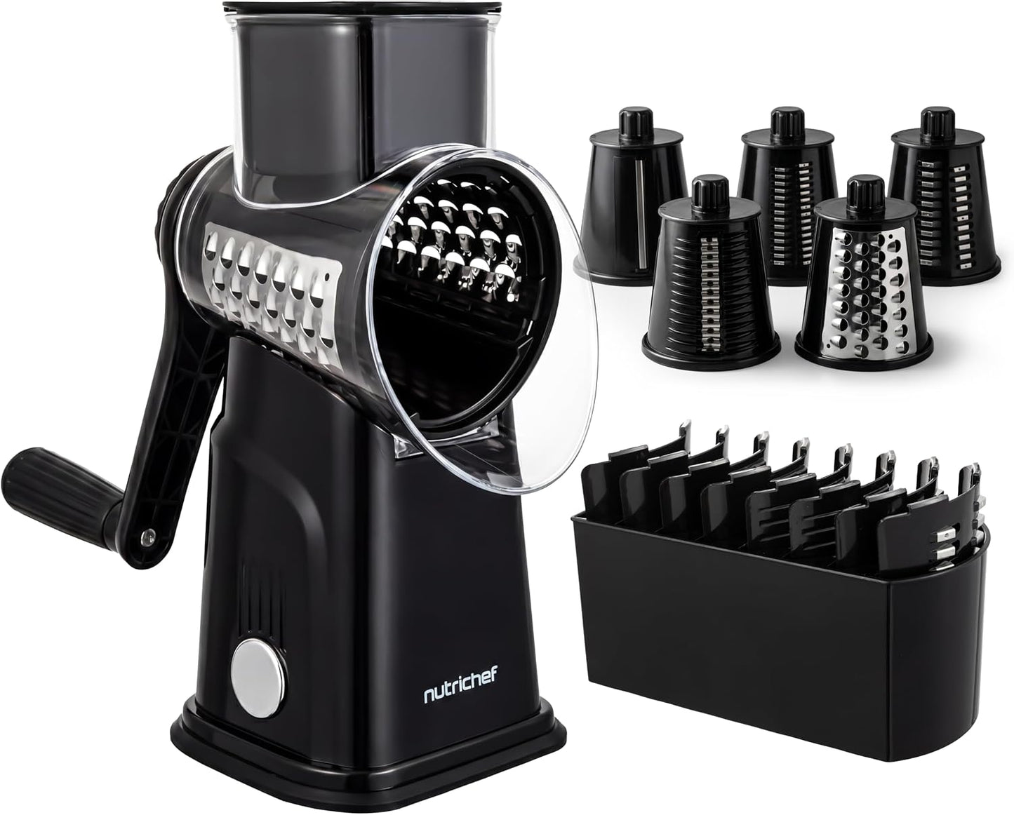 NutriChef 5 in 1 Cheese Grater & Shredder | 5 Different Blades for Thin, Thick, Julienne Strips, Wavy, & Straight Strips | Includes Hand Crank, Strong Suction Base & Storage Container | Blue