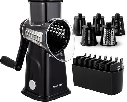 NutriChef 5 in 1 Cheese Grater & Shredder | 5 Different Blades for Thin, Thick, Julienne Strips, Wavy, & Straight Strips | Includes Hand Crank, Strong Suction Base & Storage Container | Blue