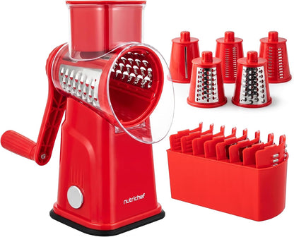 NutriChef 5 in 1 Cheese Grater & Shredder | 5 Different Blades for Thin, Thick, Julienne Strips, Wavy, & Straight Strips | Includes Hand Crank, Strong Suction Base & Storage Container | Blue