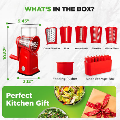 NutriChef 5 in 1 Cheese Grater & Shredder | 5 Different Blades for Thin, Thick, Julienne Strips, Wavy, & Straight Strips | Includes Hand Crank, Strong Suction Base & Storage Container | Blue