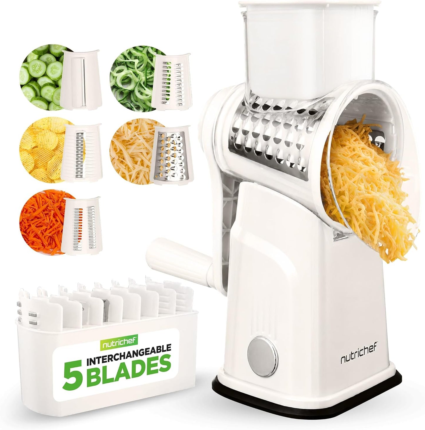NutriChef 5 in 1 Cheese Grater & Shredder | 5 Different Blades for Thin, Thick, Julienne Strips, Wavy, & Straight Strips | Includes Hand Crank, Strong Suction Base & Storage Container | Blue