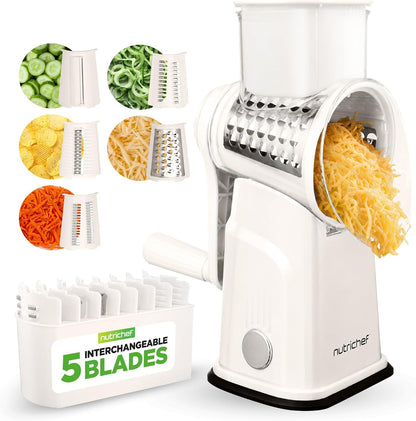 NutriChef 5 in 1 Cheese Grater & Shredder | 5 Different Blades for Thin, Thick, Julienne Strips, Wavy, & Straight Strips | Includes Hand Crank, Strong Suction Base & Storage Container | Blue