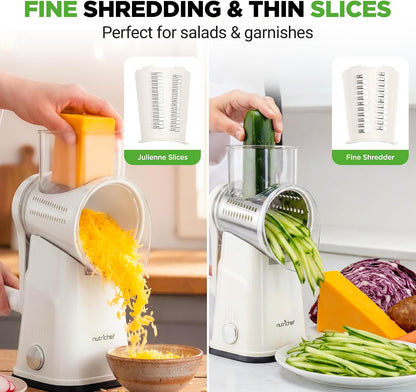 NutriChef 5 in 1 Cheese Grater & Shredder | 5 Different Blades for Thin, Thick, Julienne Strips, Wavy, & Straight Strips | Includes Hand Crank, Strong Suction Base & Storage Container | Blue