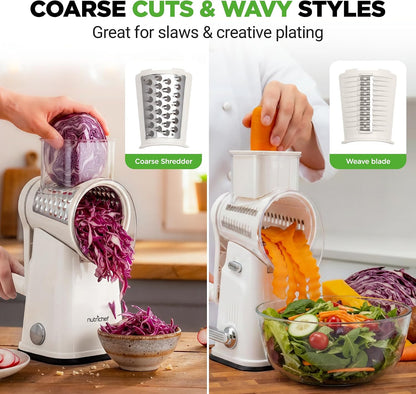 NutriChef 5 in 1 Cheese Grater & Shredder | 5 Different Blades for Thin, Thick, Julienne Strips, Wavy, & Straight Strips | Includes Hand Crank, Strong Suction Base & Storage Container | Blue