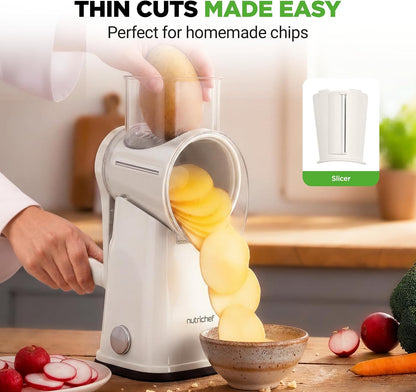 NutriChef 5 in 1 Cheese Grater & Shredder | 5 Different Blades for Thin, Thick, Julienne Strips, Wavy, & Straight Strips | Includes Hand Crank, Strong Suction Base & Storage Container | Blue