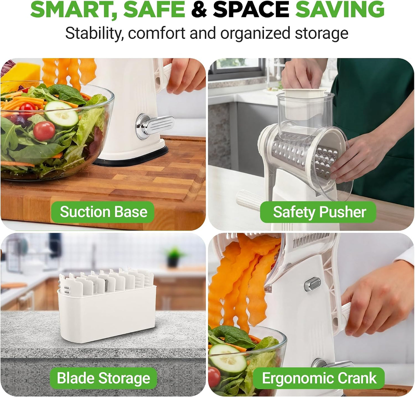 NutriChef 5 in 1 Cheese Grater & Shredder | 5 Different Blades for Thin, Thick, Julienne Strips, Wavy, & Straight Strips | Includes Hand Crank, Strong Suction Base & Storage Container | Blue