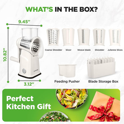 NutriChef 5 in 1 Cheese Grater & Shredder | 5 Different Blades for Thin, Thick, Julienne Strips, Wavy, & Straight Strips | Includes Hand Crank, Strong Suction Base & Storage Container | Blue