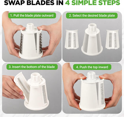 NutriChef 5 in 1 Cheese Grater & Shredder | 5 Different Blades for Thin, Thick, Julienne Strips, Wavy, & Straight Strips | Includes Hand Crank, Strong Suction Base & Storage Container | Blue