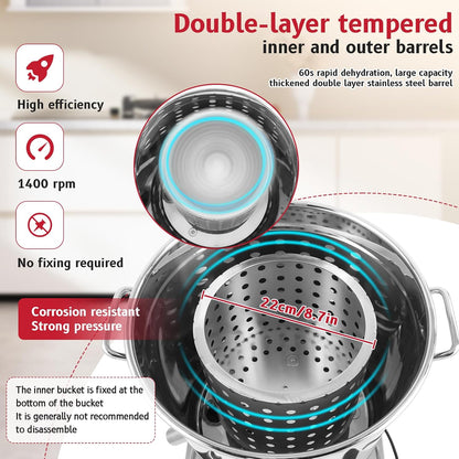 Electric Commercial Salad Spinner Large Inner Capacity 10L(3kg Vegetable), 110V Stainless Steel Lettuce Spinner Vegetable Dryer for Canteens Hotels and Restaurants, One Key Switch