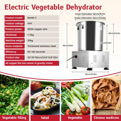 Electric Commercial Salad Spinner Large Inner Capacity 10L(3kg Vegetable), 110V Stainless Steel Lettuce Spinner Vegetable Dryer for Canteens Hotels and Restaurants, One Key Switch