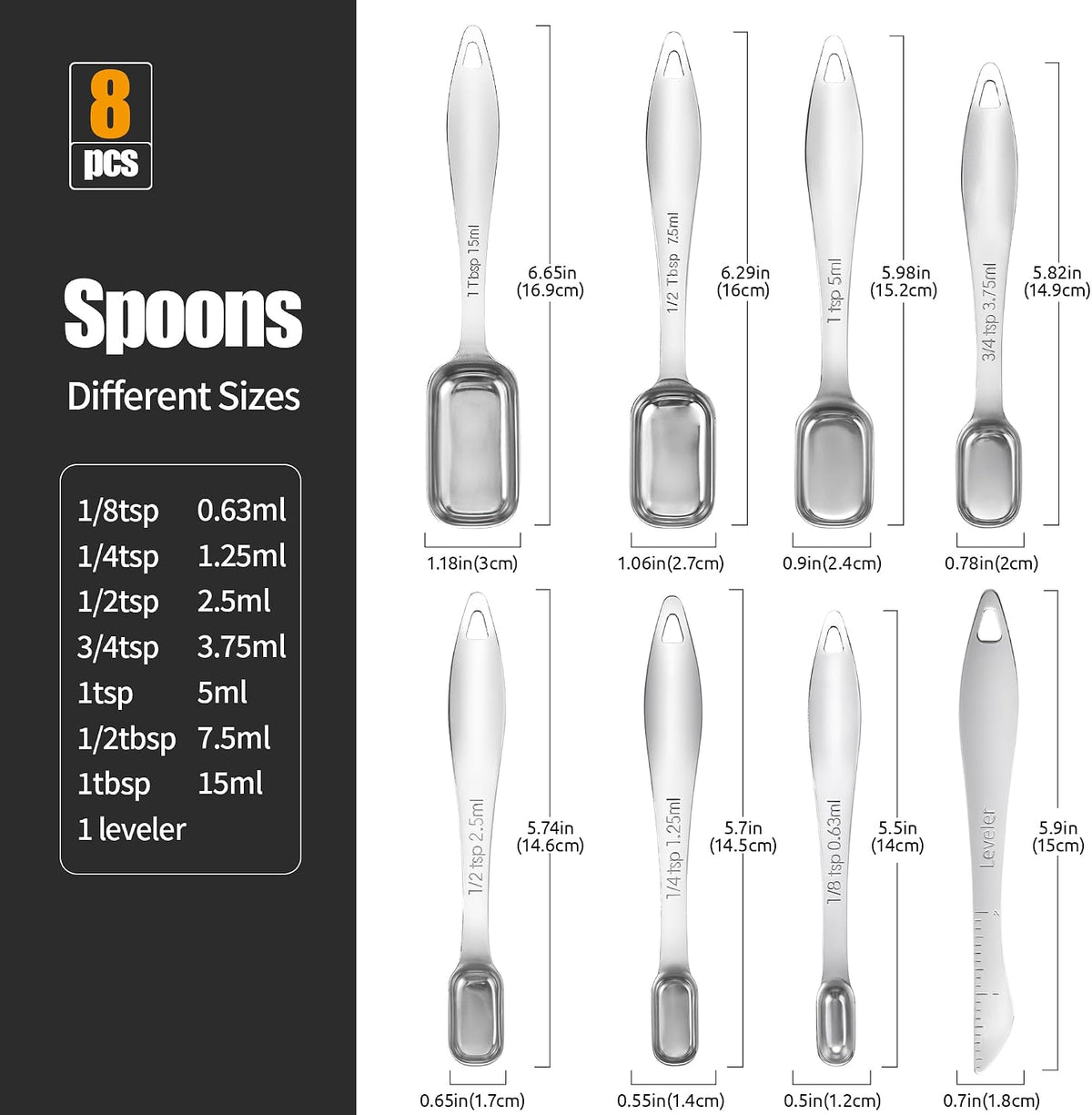18/8 Stainless Steel Measuring Spoons with Long Handle (Set of 7)