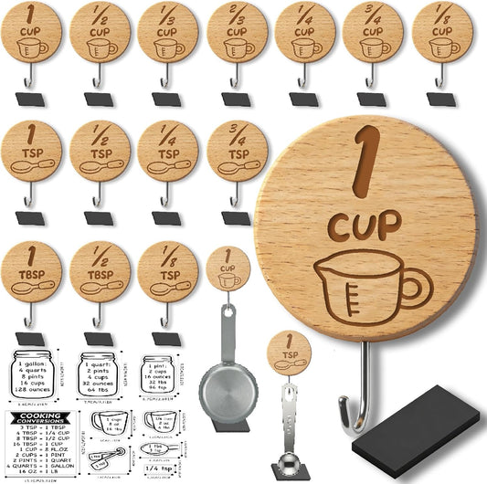Measuring Cup and Spoon Organizer,14 Pack Adhesive Wood Hooks for Hanging with 2 Kitchen Conversion Chart Stickers,14 Pack adhesive magnetic sheets, measuring cup hooks for inside cabinet door