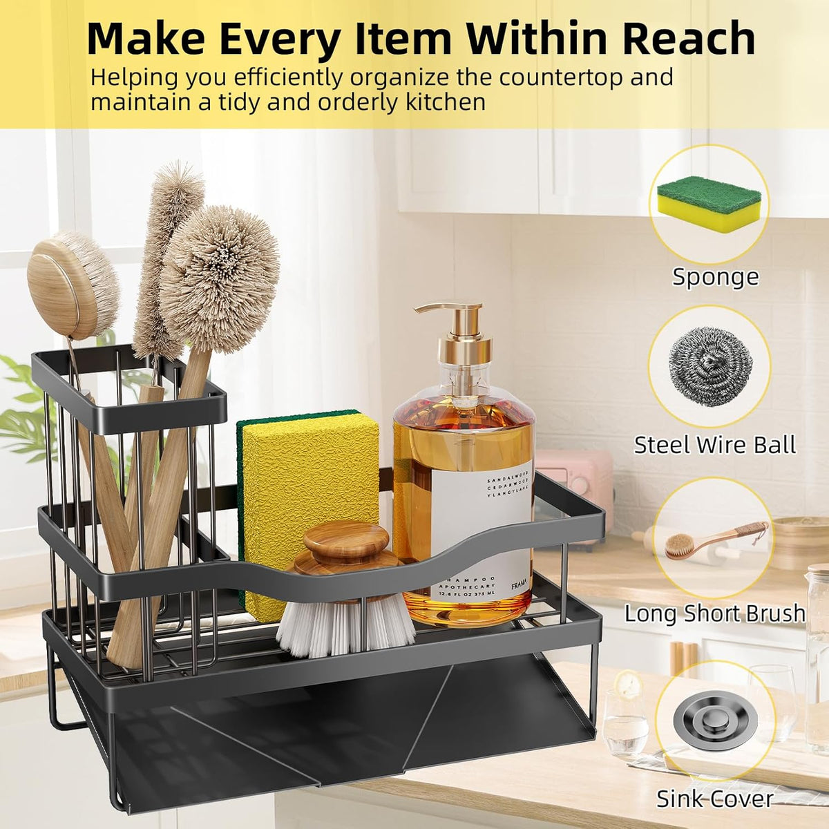 Sponge Holder for Kitchen Sink, Mecyfaty Sink Caddy with Self Drain Tray, Kitchen Sink Organizer, Stainless Steel Countertop Sink Sponge Holder for Dish Soap Kitchen Organizers and Storage Accessories