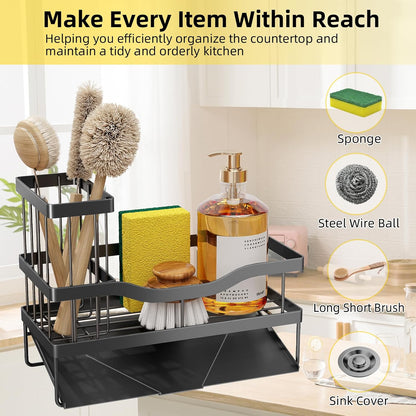 Sponge Holder for Kitchen Sink, Mecyfaty Sink Caddy with Self Drain Tray, Kitchen Sink Organizer, Stainless Steel Countertop Sink Sponge Holder for Dish Soap Kitchen Organizers and Storage Accessories