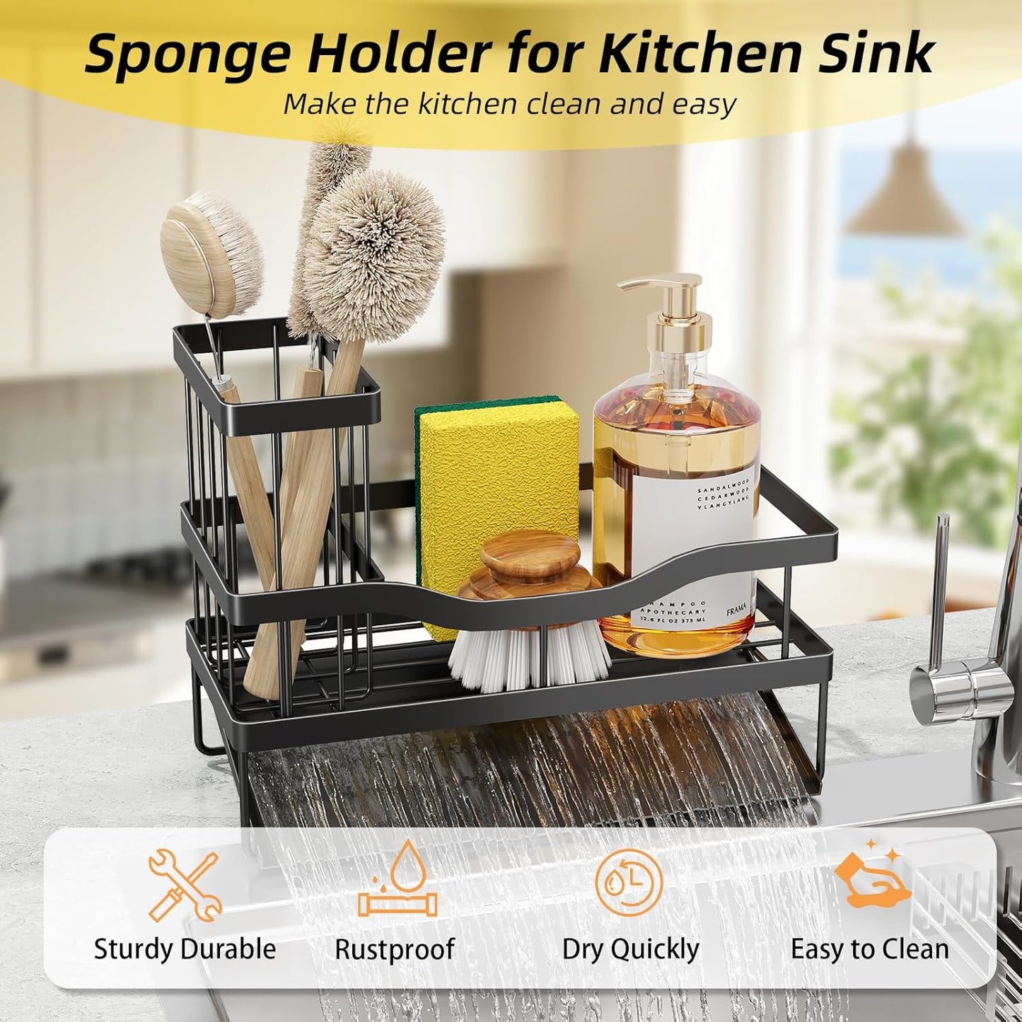 Sponge Holder for Kitchen Sink, Mecyfaty Sink Caddy with Self Drain Tray, Kitchen Sink Organizer, Stainless Steel Countertop Sink Sponge Holder for Dish Soap Kitchen Organizers and Storage Accessories