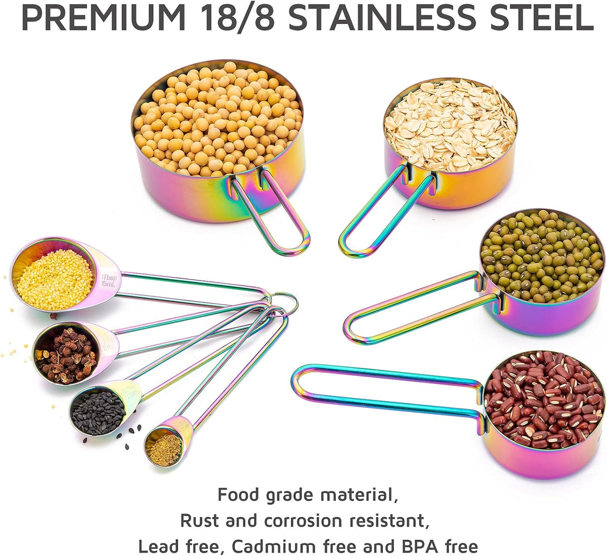Measuring Cups and Spoons Set of 8, Food Grade 18/8 Stainless Steel Measure set for Dry Liquid Measurement, Rainbow Titanium Coated Kitchen Gadgets for Cooking Baking, 4 Cup and 4 Spoon