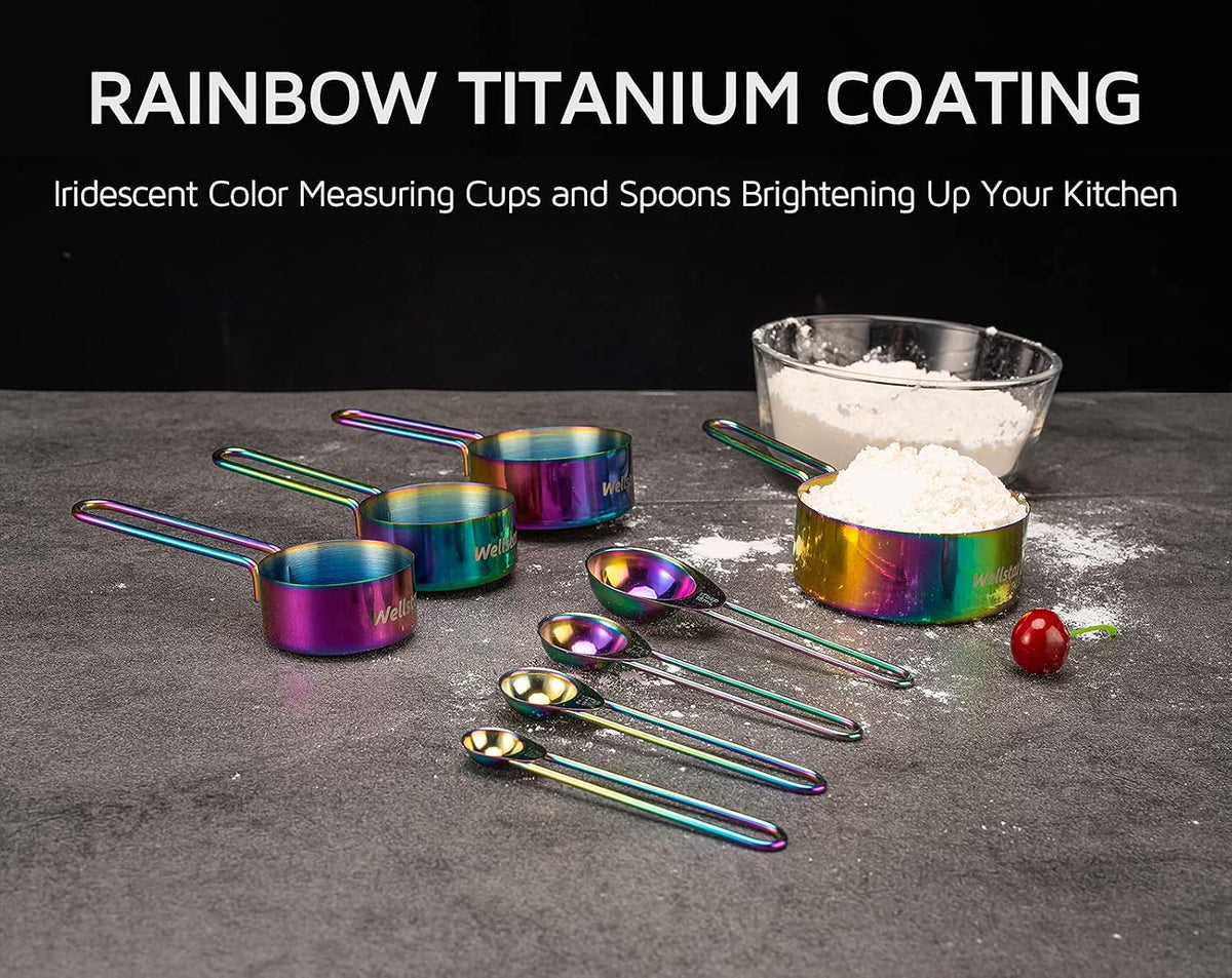 Measuring Cups and Spoons Set of 8, Food Grade 18/8 Stainless Steel Measure set for Dry Liquid Measurement, Rainbow Titanium Coated Kitchen Gadgets for Cooking Baking, 4 Cup and 4 Spoon