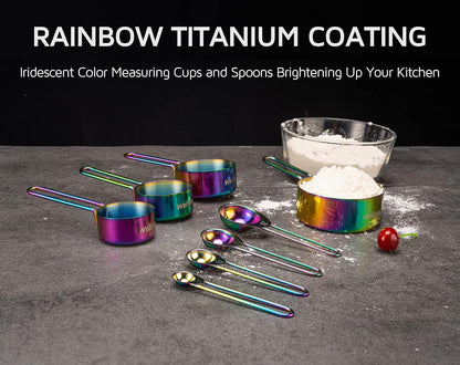 Measuring Cups and Spoons Set of 8, Food Grade 18/8 Stainless Steel Measure set for Dry Liquid Measurement, Rainbow Titanium Coated Kitchen Gadgets for Cooking Baking, 4 Cup and 4 Spoon
