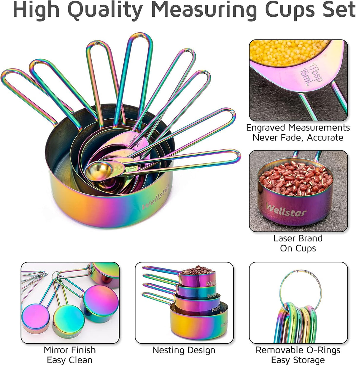 Measuring Cups and Spoons Set of 8, Food Grade 18/8 Stainless Steel Measure set for Dry Liquid Measurement, Rainbow Titanium Coated Kitchen Gadgets for Cooking Baking, 4 Cup and 4 Spoon