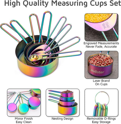 Measuring Cups and Spoons Set of 8, Food Grade 18/8 Stainless Steel Measure set for Dry Liquid Measurement, Rainbow Titanium Coated Kitchen Gadgets for Cooking Baking, 4 Cup and 4 Spoon