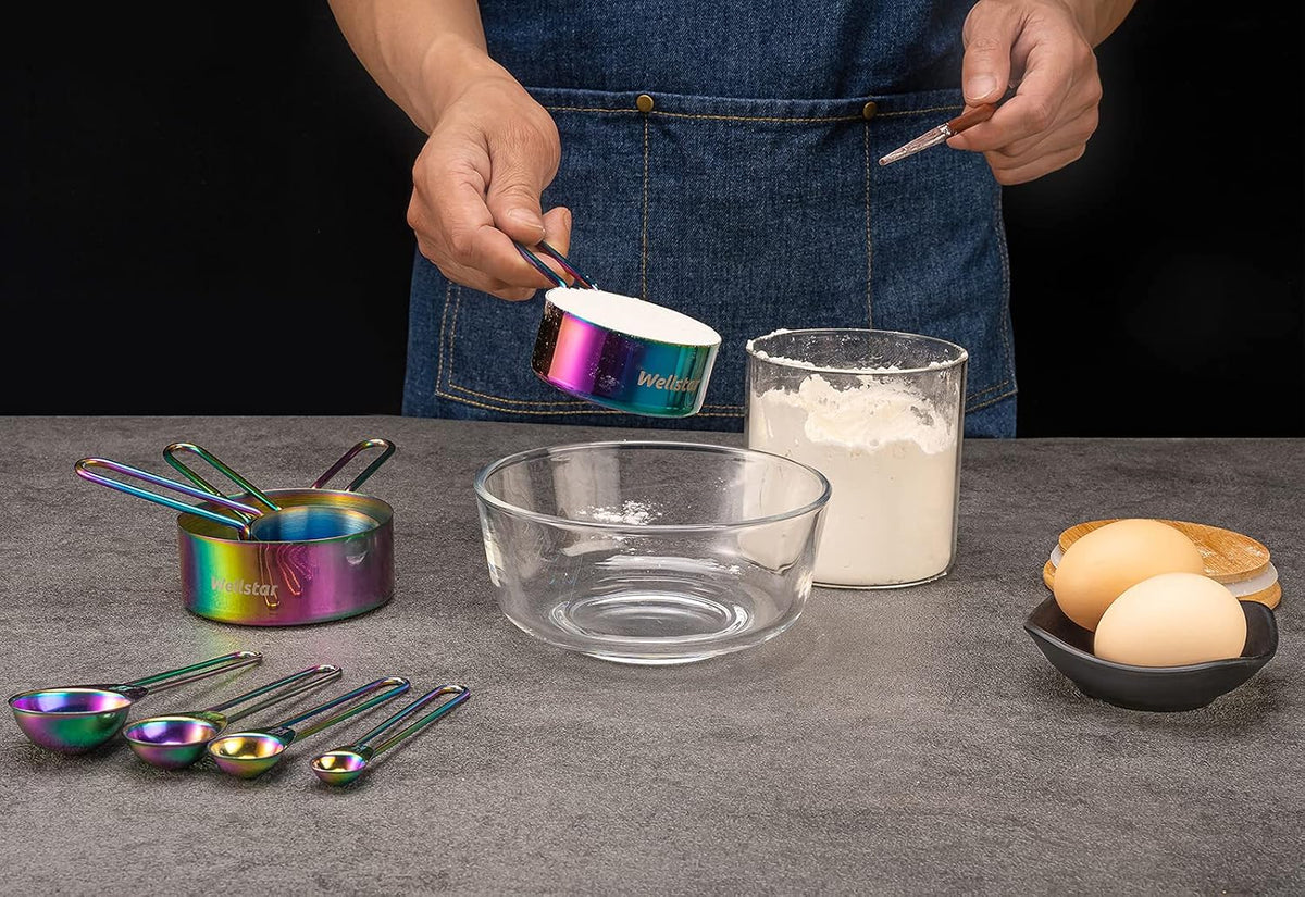 Measuring Cups and Spoons Set of 8, Food Grade 18/8 Stainless Steel Measure set for Dry Liquid Measurement, Rainbow Titanium Coated Kitchen Gadgets for Cooking Baking, 4 Cup and 4 Spoon
