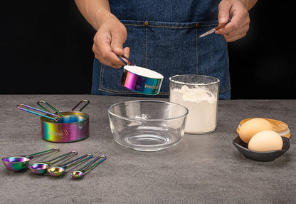Measuring Cups and Spoons Set of 8, Food Grade 18/8 Stainless Steel Measure set for Dry Liquid Measurement, Rainbow Titanium Coated Kitchen Gadgets for Cooking Baking, 4 Cup and 4 Spoon