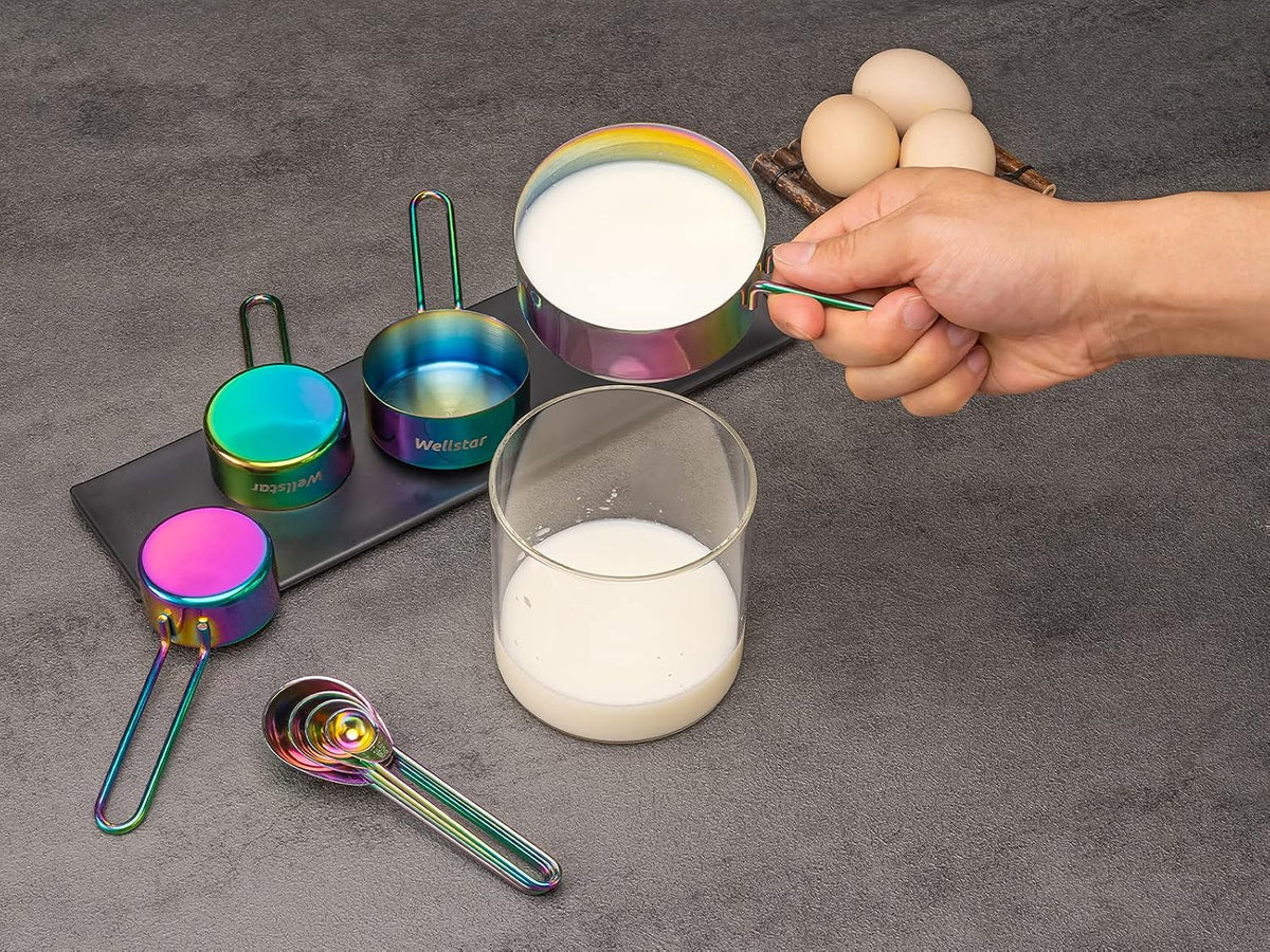 Measuring Cups and Spoons Set of 8, Food Grade 18/8 Stainless Steel Measure set for Dry Liquid Measurement, Rainbow Titanium Coated Kitchen Gadgets for Cooking Baking, 4 Cup and 4 Spoon