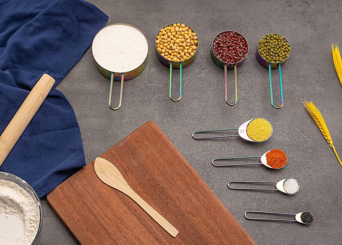Measuring Cups and Spoons Set of 8, Food Grade 18/8 Stainless Steel Measure set for Dry Liquid Measurement, Rainbow Titanium Coated Kitchen Gadgets for Cooking Baking, 4 Cup and 4 Spoon