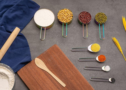 Measuring Cups and Spoons Set of 8, Food Grade 18/8 Stainless Steel Measure set for Dry Liquid Measurement, Rainbow Titanium Coated Kitchen Gadgets for Cooking Baking, 4 Cup and 4 Spoon