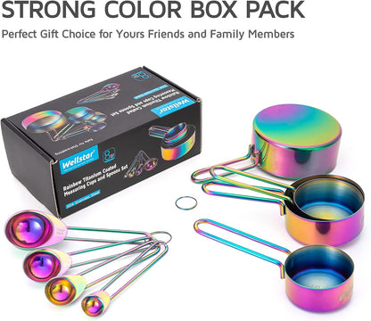 Measuring Cups and Spoons Set of 8, Food Grade 18/8 Stainless Steel Measure set for Dry Liquid Measurement, Rainbow Titanium Coated Kitchen Gadgets for Cooking Baking, 4 Cup and 4 Spoon