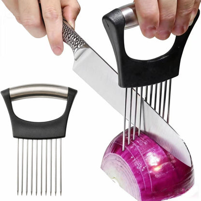 Onion Holder for Slicing - Stainless Steel Vegetable & Fruit Cutter Chopper for Onions,Potatoes, Tomatoes, Avocados, Eggs, Lemon &Meat - Kitchen Slicer Assistant with Neat Guide & Tenderizer.