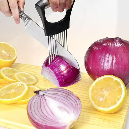 Onion Holder for Slicing - Stainless Steel Vegetable & Fruit Cutter Chopper for Onions,Potatoes, Tomatoes, Avocados, Eggs, Lemon &Meat - Kitchen Slicer Assistant with Neat Guide & Tenderizer.