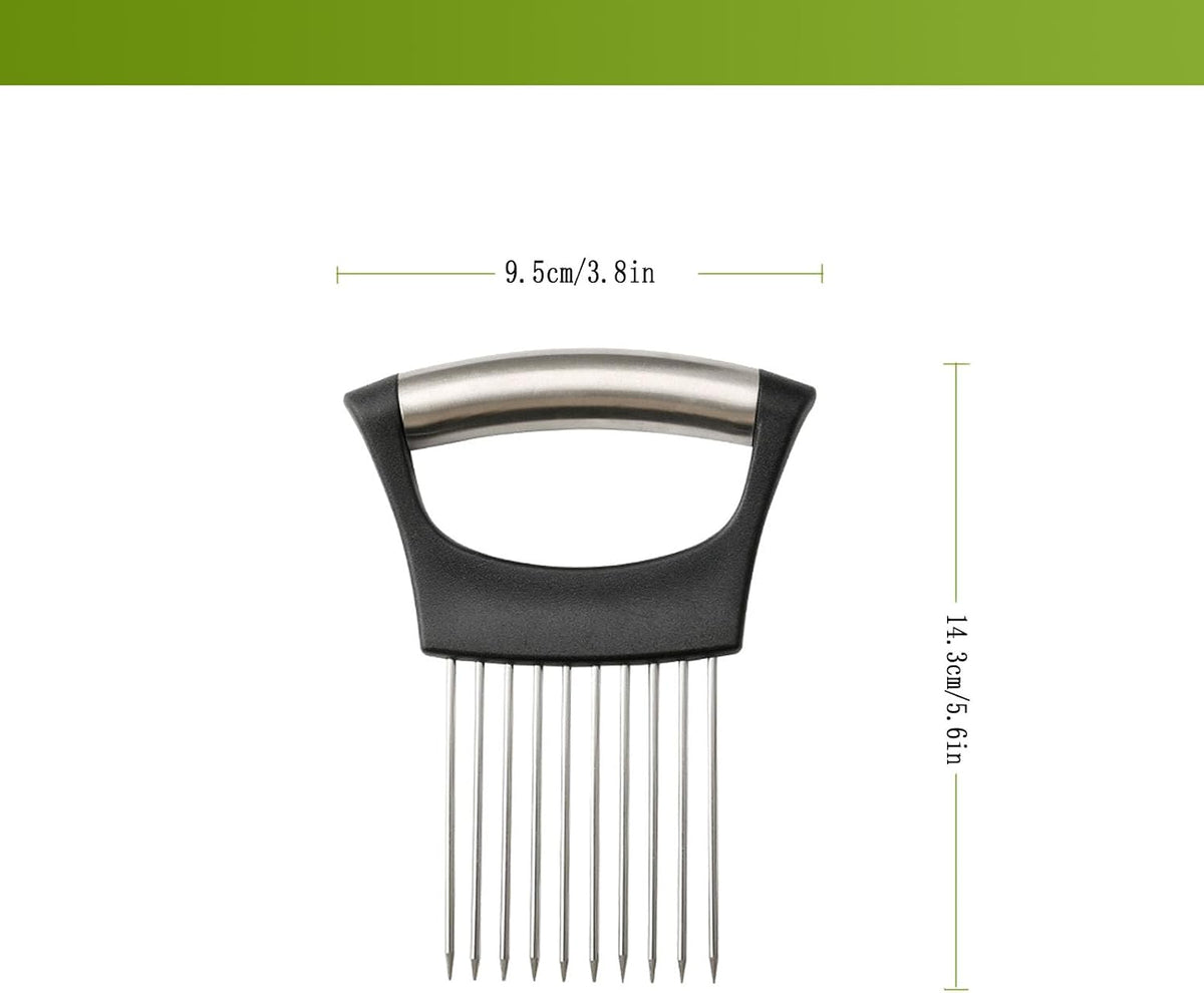 Onion Holder for Slicing - Stainless Steel Vegetable & Fruit Cutter Chopper for Onions,Potatoes, Tomatoes, Avocados, Eggs, Lemon &Meat - Kitchen Slicer Assistant with Neat Guide & Tenderizer.