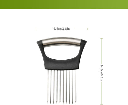 Onion Holder for Slicing - Stainless Steel Vegetable & Fruit Cutter Chopper for Onions,Potatoes, Tomatoes, Avocados, Eggs, Lemon &Meat - Kitchen Slicer Assistant with Neat Guide & Tenderizer.
